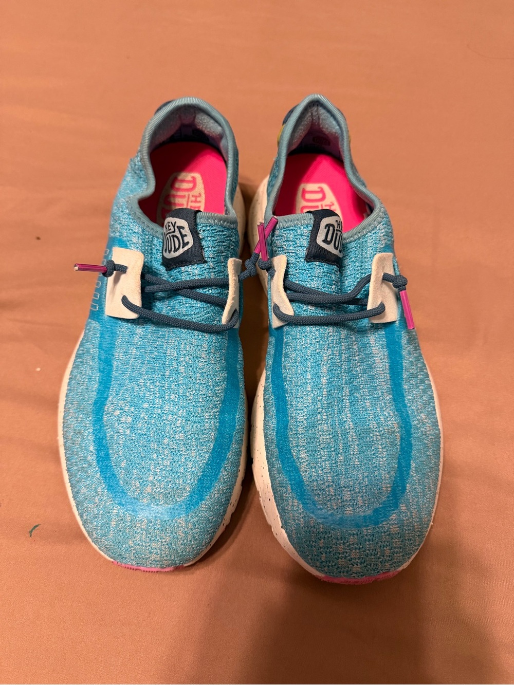 Hey Dude Turquoise Knit Slip-On Sneakers with Pink Accents